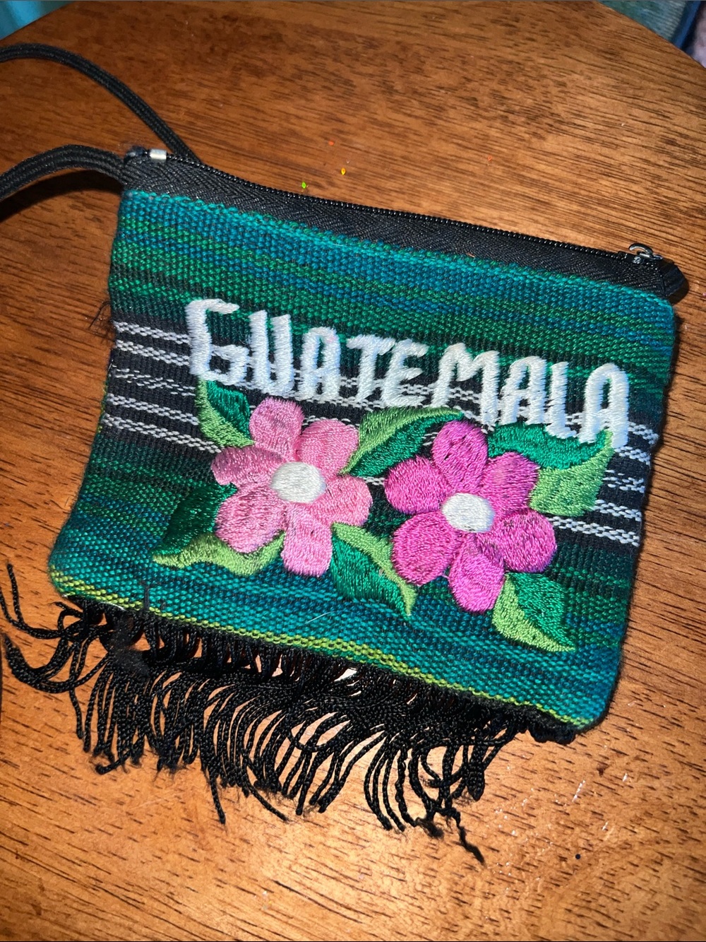 Guatemala Embroidered Floral Wristlet Pouch - Green and Pink